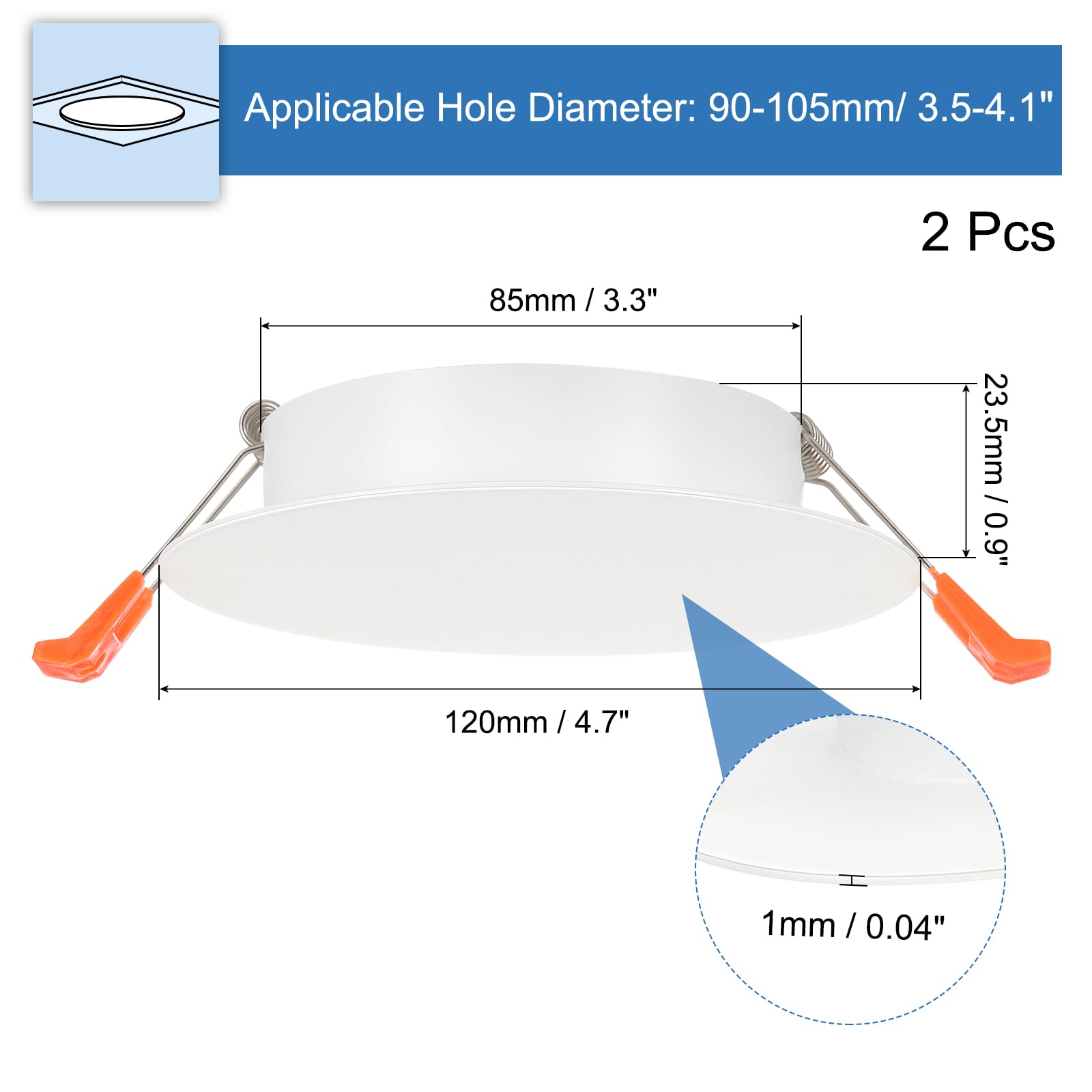 PATIKIL 3.3" Metal Ceiling Cover Plate, 2 Pcs Recessed Light Trim Wall Mount Downlight Hole Cap Decorative Panel with Spring Clips Suitable for 3.5-4.1inch Round Hole Openings, Matte White - Image 2