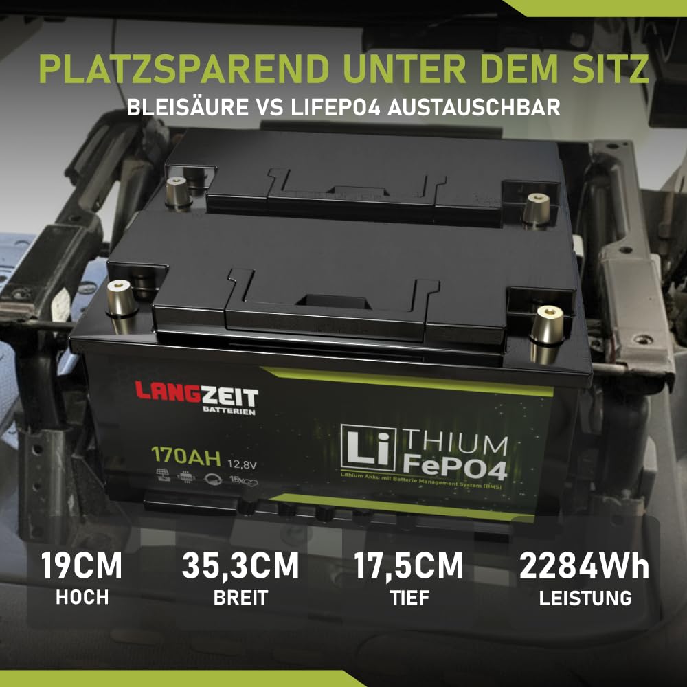 LANGZEIT LiFePO4 170Ah 12V Lithium Batterie DIN L5 H8 mit BMS Solarbatterie Wohnmobil Solar Bootsbatterie Akku ersetzt 100Ah 120Ah 150Ah