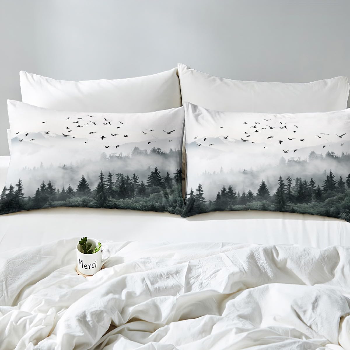 Erosebridal Smoky Mountain Bedding Set King Pine Trees Woodland Duvet Cover for Kids Teens Adults,Flying Bird Mountain Comforter Cover 3D Nature Landscape Quilt Cover Zipper 3 Pcs Bedroom Decor