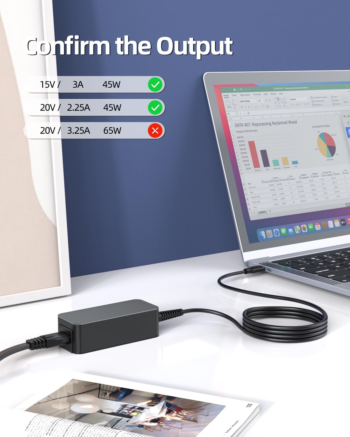 45W Laptop Charger Fit for Lenovo Chromebook 100e, 300e, 500e, C330, C340, S330, S340, S345, C630 (UL Certified Safety), USB Type C, Power Cord Adapter Supply image 3