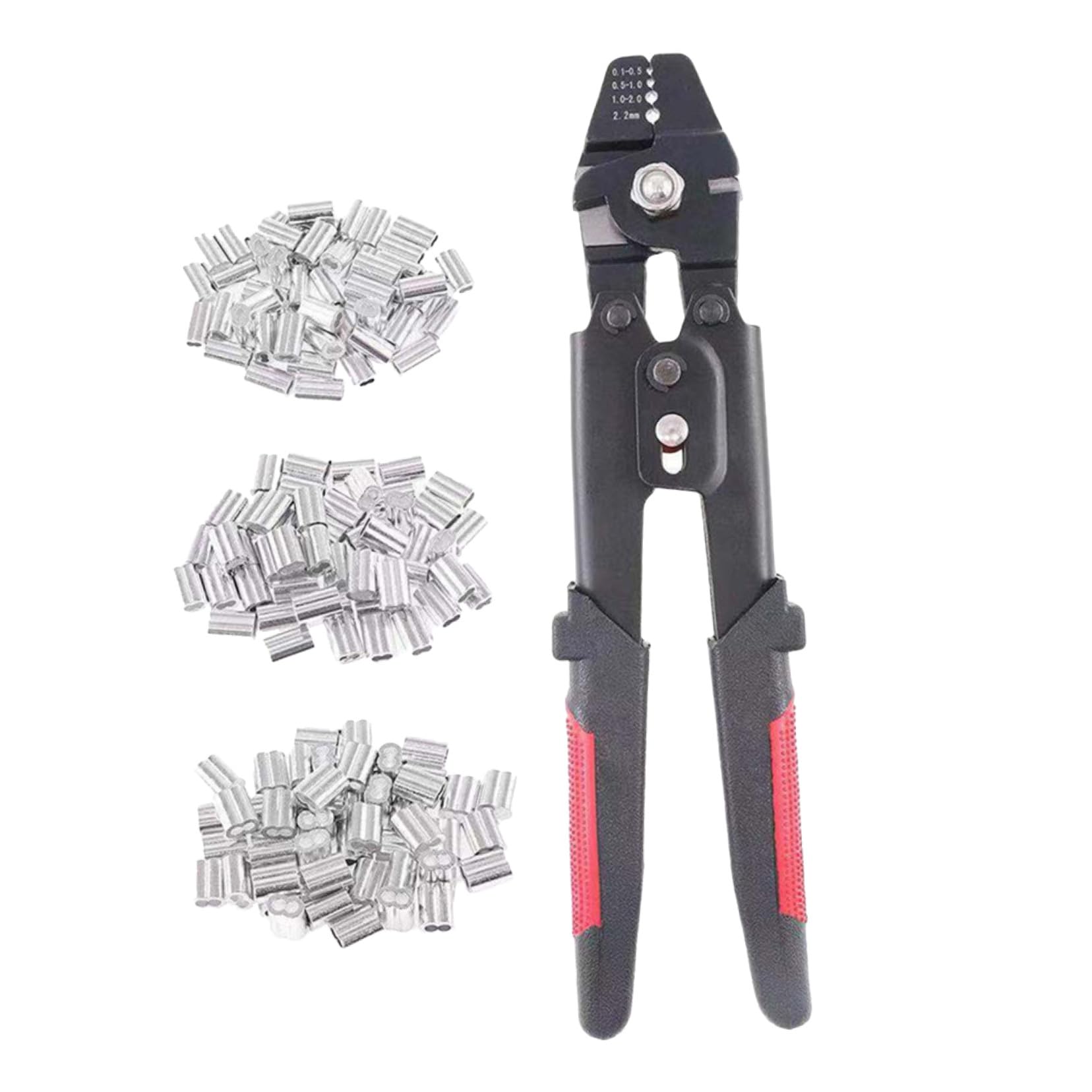 Ipetboom Pinza Crimpatrice per Funi con Tubo Manicotto in Alluminio, Strumento per Crimpare Cavi in Acciaio al Carbonio con Impugnatura Antiscivolo Pvc e Blocco di Sicurezza, Set con 180