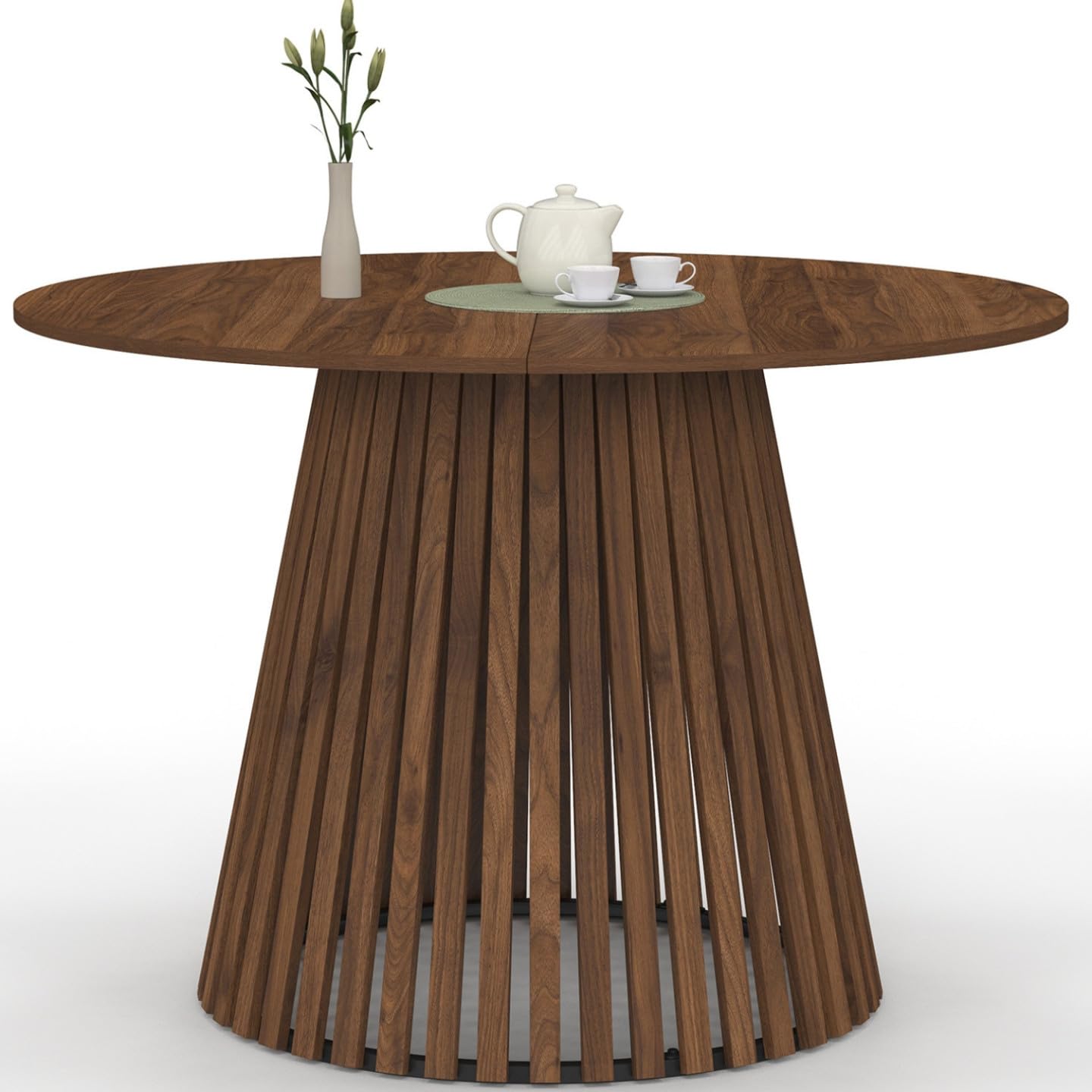 IDMarket - Runder Esstisch Carmen 6 Personen Fuß aus Nussbaumlatten und Tischplatte aus Nussbaum 110 cm