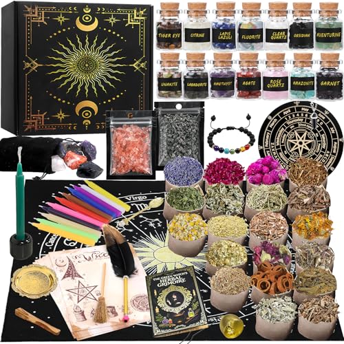 FLgengmh 90 PACK Witchcraft Kit for Beginners Wiccan Supplies and Tools with Crystals Candles Witch Altar Spell Set for Rituals Energy Cleansing Dried Flowers for Crafts Witchy Gifts Box for Women