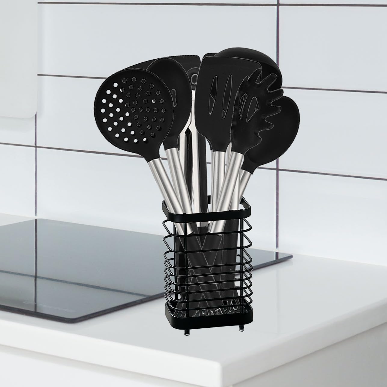 Soporte para utensilios de cocina, organizador de encimera de cocina, escurridor de cubiertos, estante de secado para cubiertos y utensilios de cocina de acero inoxidable (negro, L) 4
