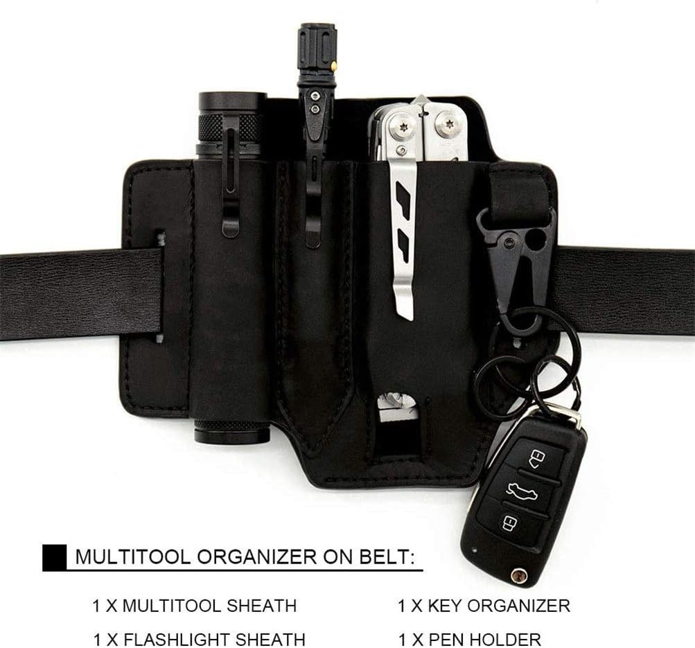 EDC Leather Sheath Organizer, Leather Belt Loop Waist Multitool Sheath with Key Holder, Leather EDC Pocket Organizer with Pen Holder, Flashlight Sheath, Mini Tools