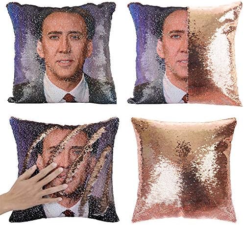 Merrycolor Mermaid Pillow Cover Magic Reversible Sequin Pillow Cover Throw Cushion Case Decorative Pillowcase That Change Color (D Nicolas Cage#1- Gold Sequins)