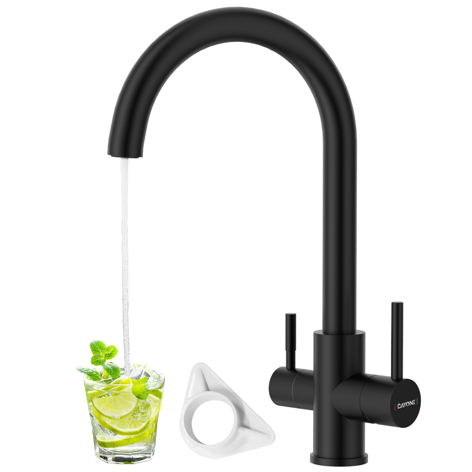 DAYONE Grifo de cocina de 3 vías, Negro Mate Grifo de Agua Potable con 2 Palancas, Grifo Giratorio 360° de Acero Inoxidable, Grifo Mezclador 3 en 1 para Filtro de Agua