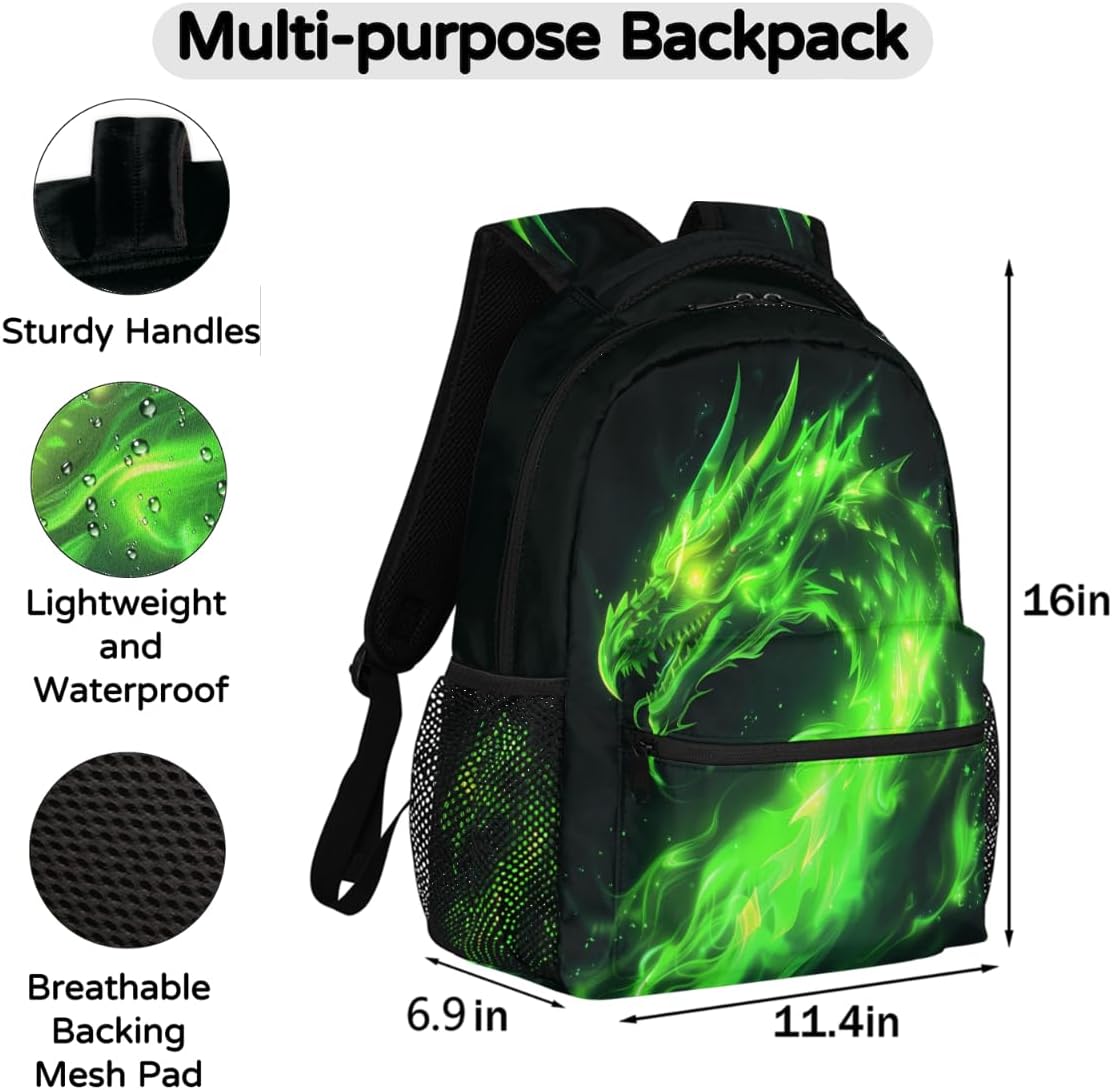 Green Fire Dragon Backpacks for Girls Kids Boys, Chinese Dragon Pattern Lightweight School Bags Travel Backpack College Student Bookbag Casual Hiking Daypack Laptop Backpack