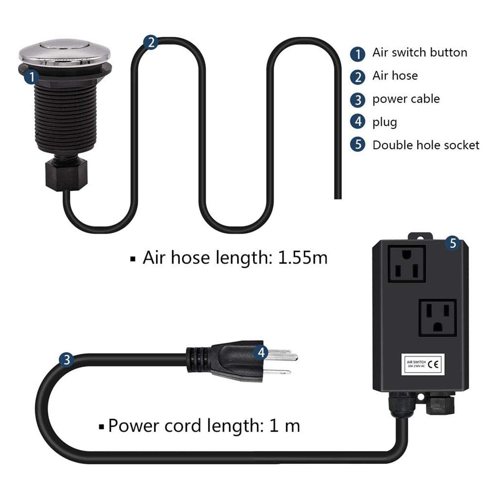 Kit Interruttore Aria Dissipatore Di Rifiuti Alimentari Interruttore Attivato Ad Aria Per Lo Smaltimento Dei Rifiuti Del Lavandino Pulsante Aria On/Off in Nichel Acciaio Inossidabile(Single EU plug)