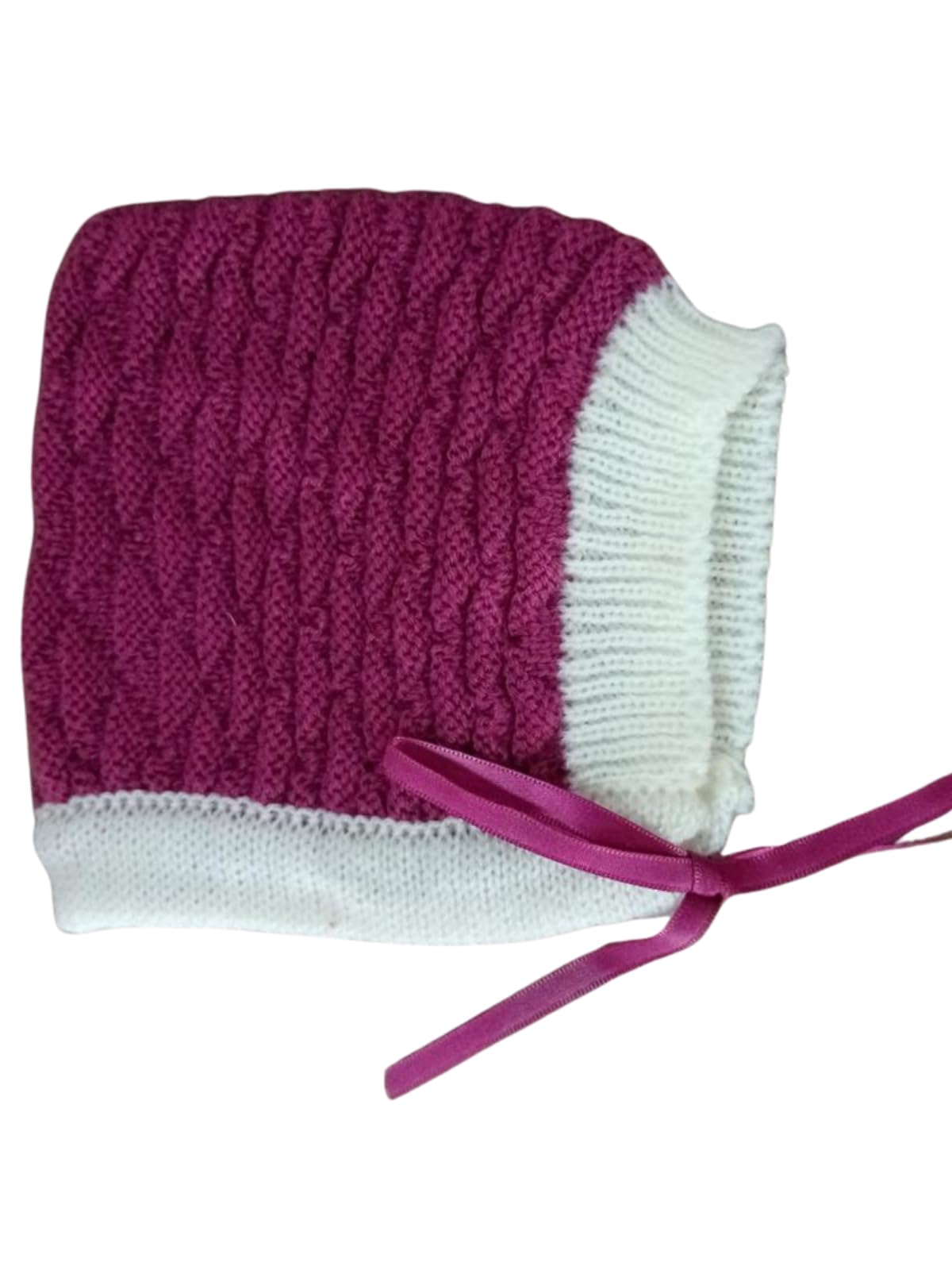 Baby Woolen Cap | Hand-Knitted Winter Bonnet with Cable Knit Design & Satin Tie-Up | Warm & Stylish for Newborns (0-6 Months, Wine & White)