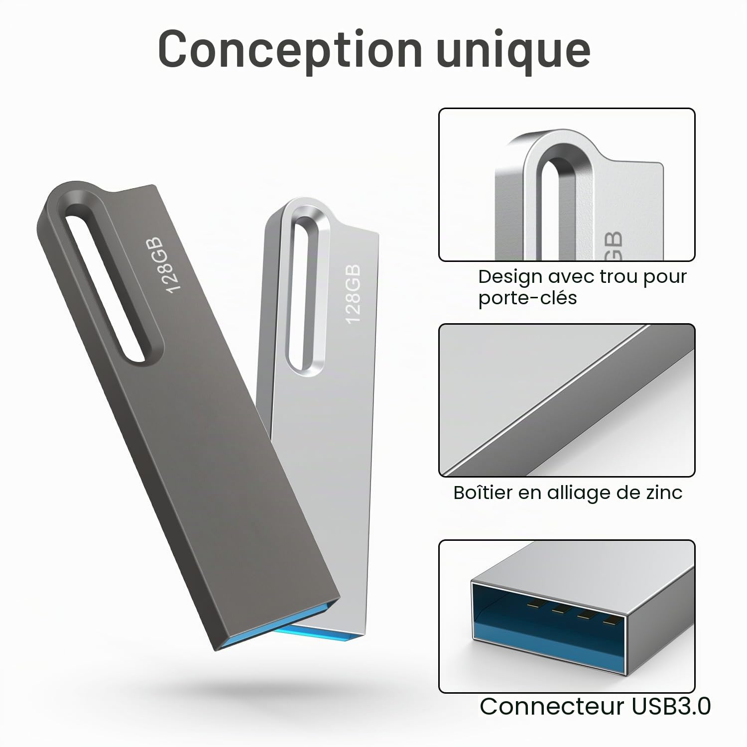 JOIOT 128Go Clé USB 3.0 Lot de 2 Clef USB Métal Imperméable Flash Drive Clés USB 128 Go pour PC, Ordinateur Portable, Stockage de Données,(2X128Go Argenté Noir)