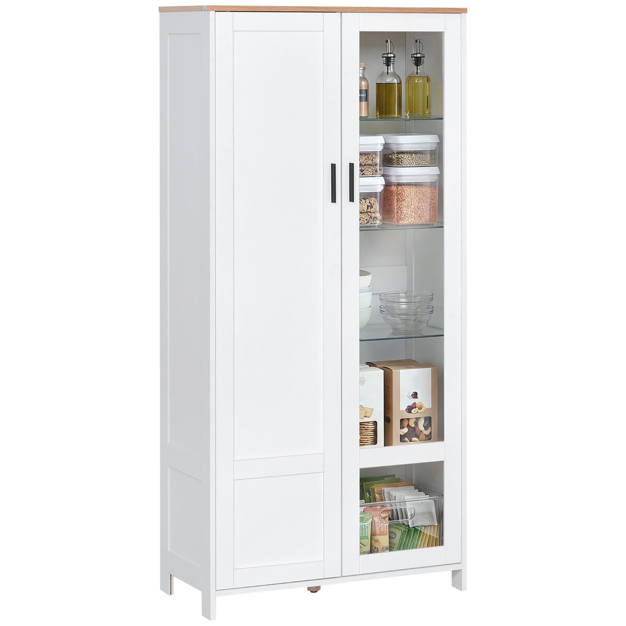 HOMCOM Credenza Cucina a 9 Ripiani Regolabili con Ante in Vetro e Base Rialzata, Mobile Cucina in Legno, 76x36x160 cm, Bianco
