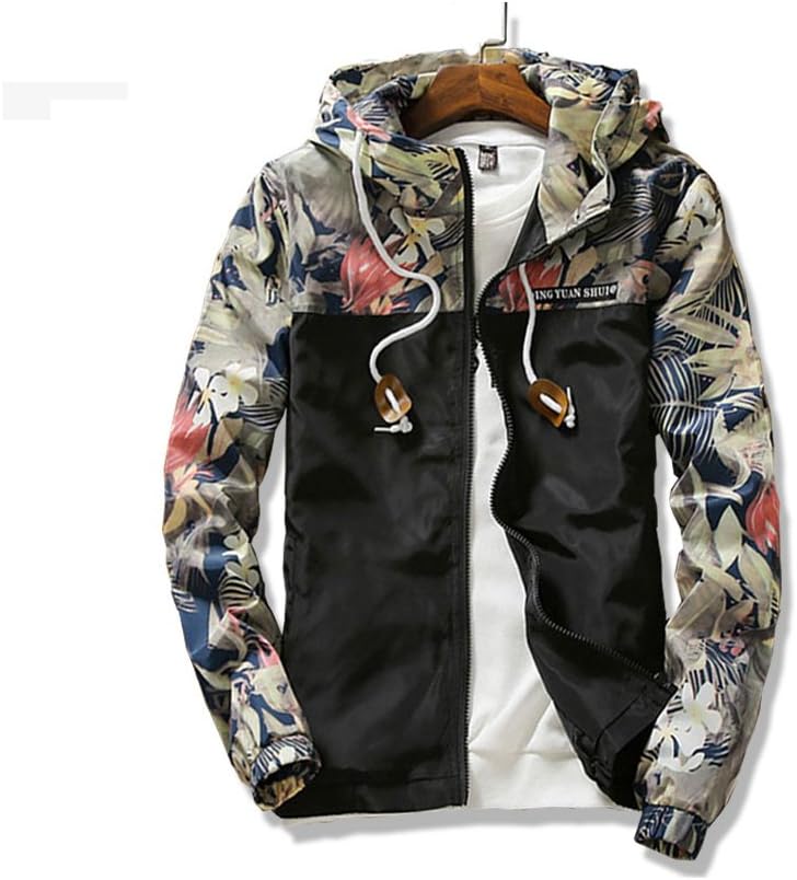 Cajerin Floral Bomber Jacket Men's Flower Floral Pattern Full Zip Hooded Coat Men's Fashion Flower Print Coat Zipper Jacket Windbreaker Jackets Coat (L, Black)