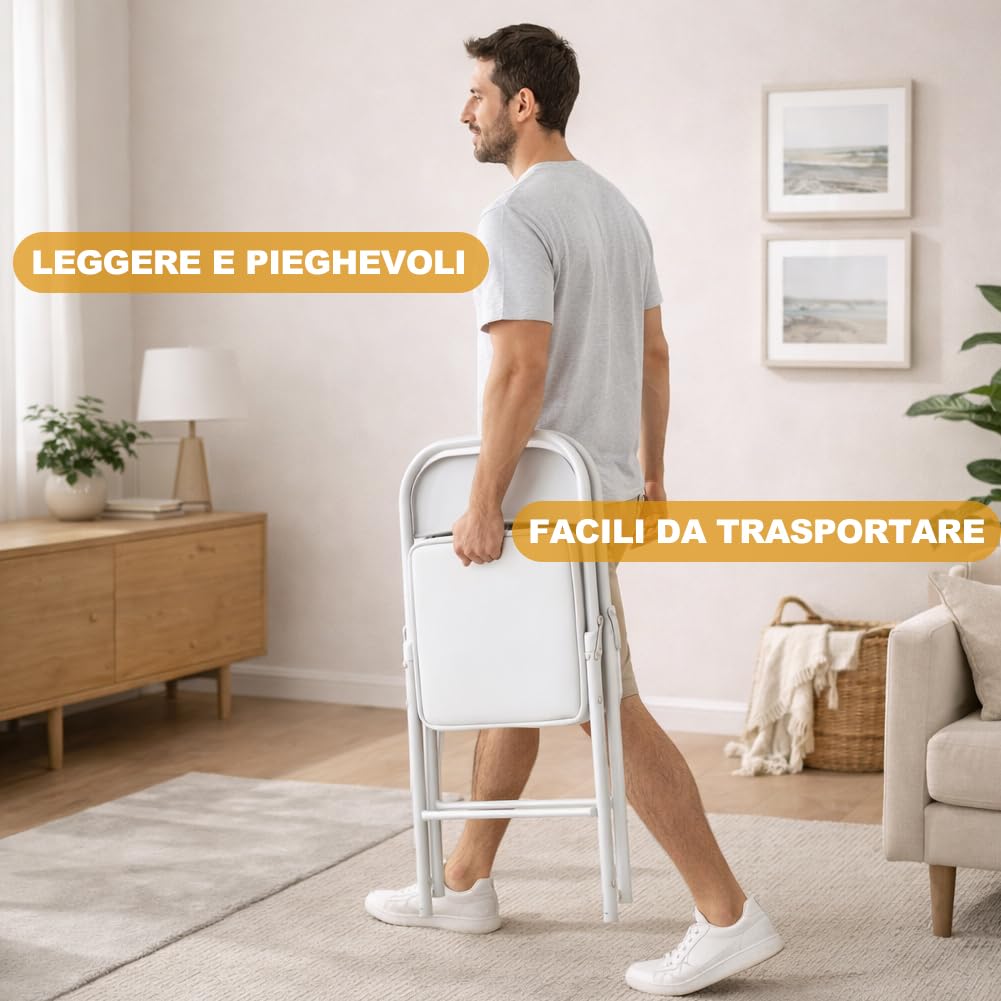 Shally Dogan Set 4 Sedie Pieghevoli con Struttura in Metallo e Seduta in Ecopelle Ergonomica ed Imbottita, Sedia Multiuso da Esterno ed Interno, Ideale per Bar, Ristoranti, Casa, Giardino (Bianco)