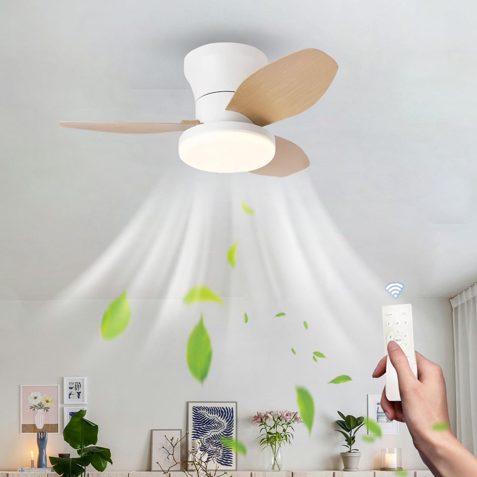 HXYSXHJUO Ceiling Fans with Lights Kids Room, Silent Lamps Low Profile 3 Blades Fan Light Ceiling, Dimmable, for Dining Room Living Bedroom, Dimmable-White-Wood Grain-65CM