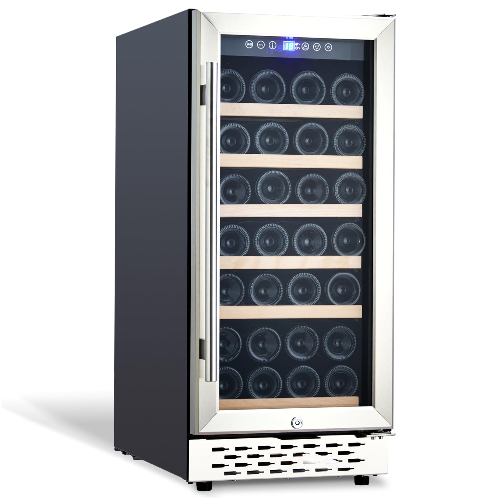 DYTesa 15 Inch Wine Cooler - Compressor Refrigerator with Lock, 28 Bottle Freestanding Wine Cellar, Dual Zone with Digital Temperature Control, Glass Door, and Beverage Cooler.