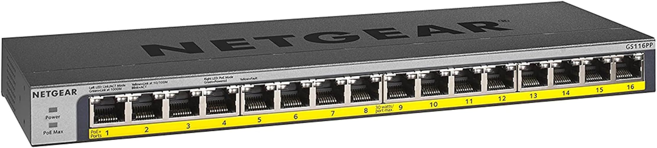 16-Port Gigabit Ethernet Unmanaged PoE Switch (GS116PP) - with 16 x PoE+ @ 183W, Desktop, Wall Mount or Rackmount