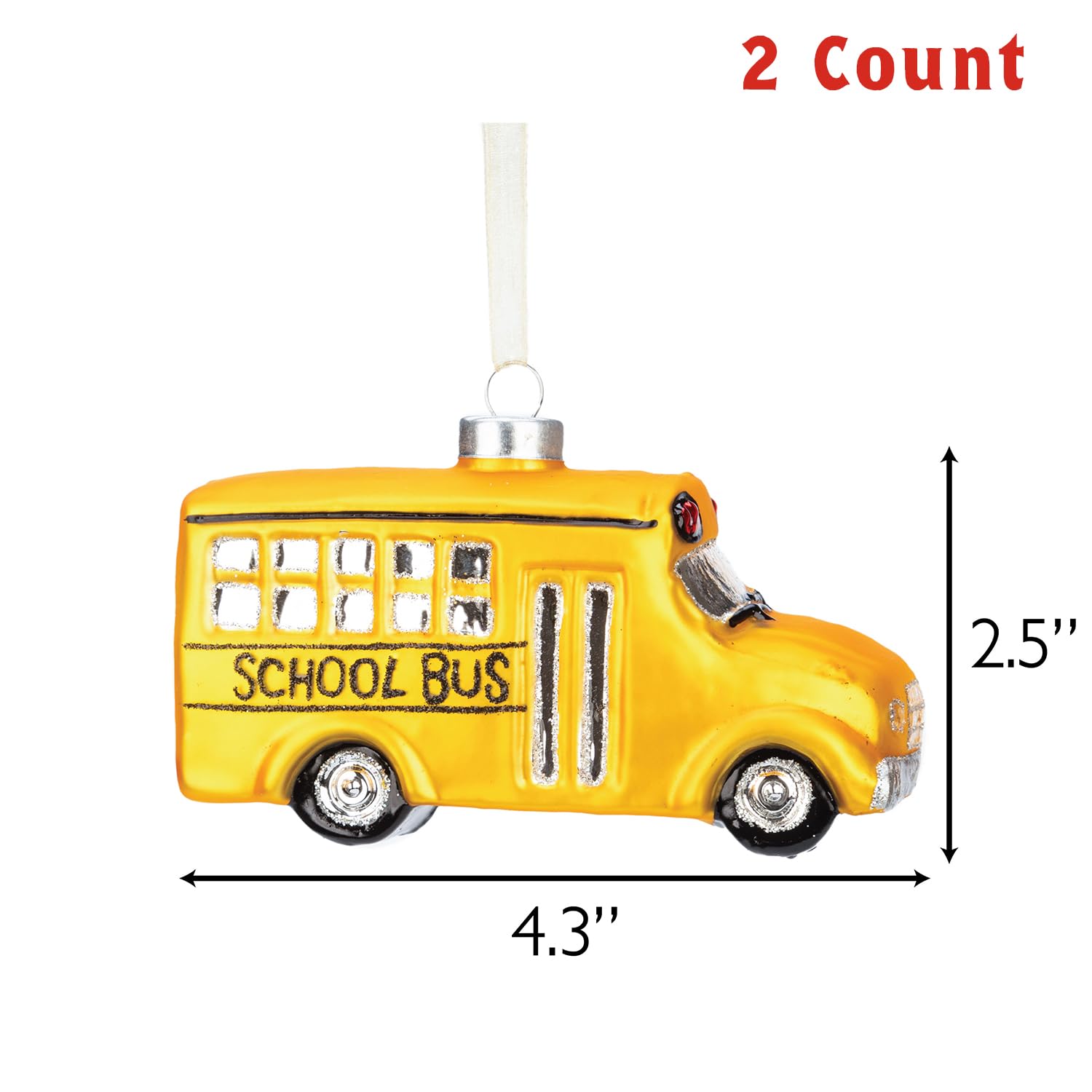 Every Day is Christmas Glass Blown Ornaments Cute Hand Made Figurines Tree Decoration, Set of 2 pcs School Bus