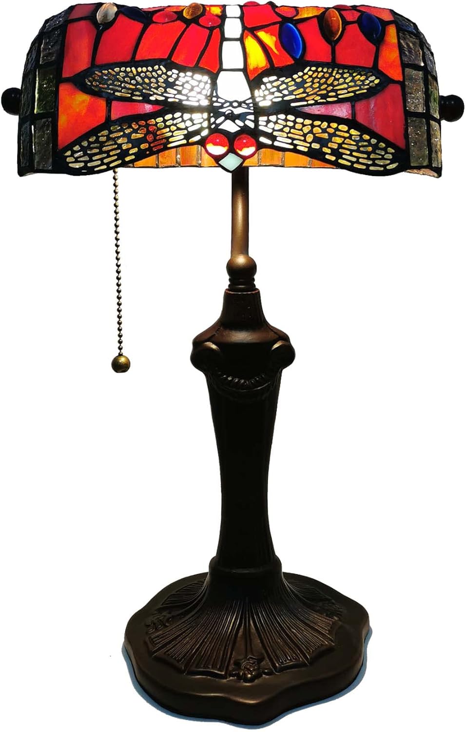 Bieye L10308 Dragonfly Tiffany Style Stained Glass Banker Desk Table Lamp with 10-inches Wide Lampshade for Reading Working, 16 inches Tall (Amber)
