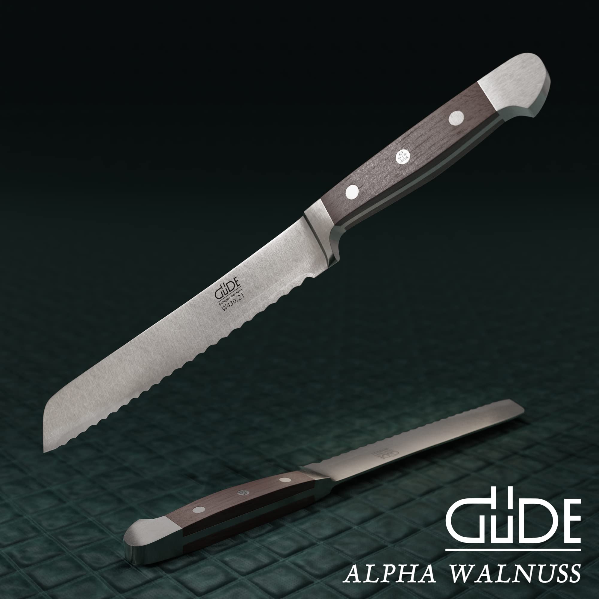 GÜDE Solingen - Brotmesser geschmiedet, 21 cm, Walnussholz, ALPHA WALNUSS, Doppelkropf, Handmade Germany