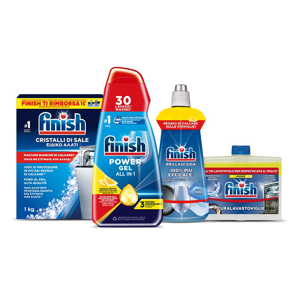 Finish Kit Lavastoviglie; Finish Powergel Detersivo Lavastoviglie Lemon 30 Lavaggi, Brillantante Limone 250ml, Curalavastoviglie Limone 250ml, Cristalli di Sale 1kg