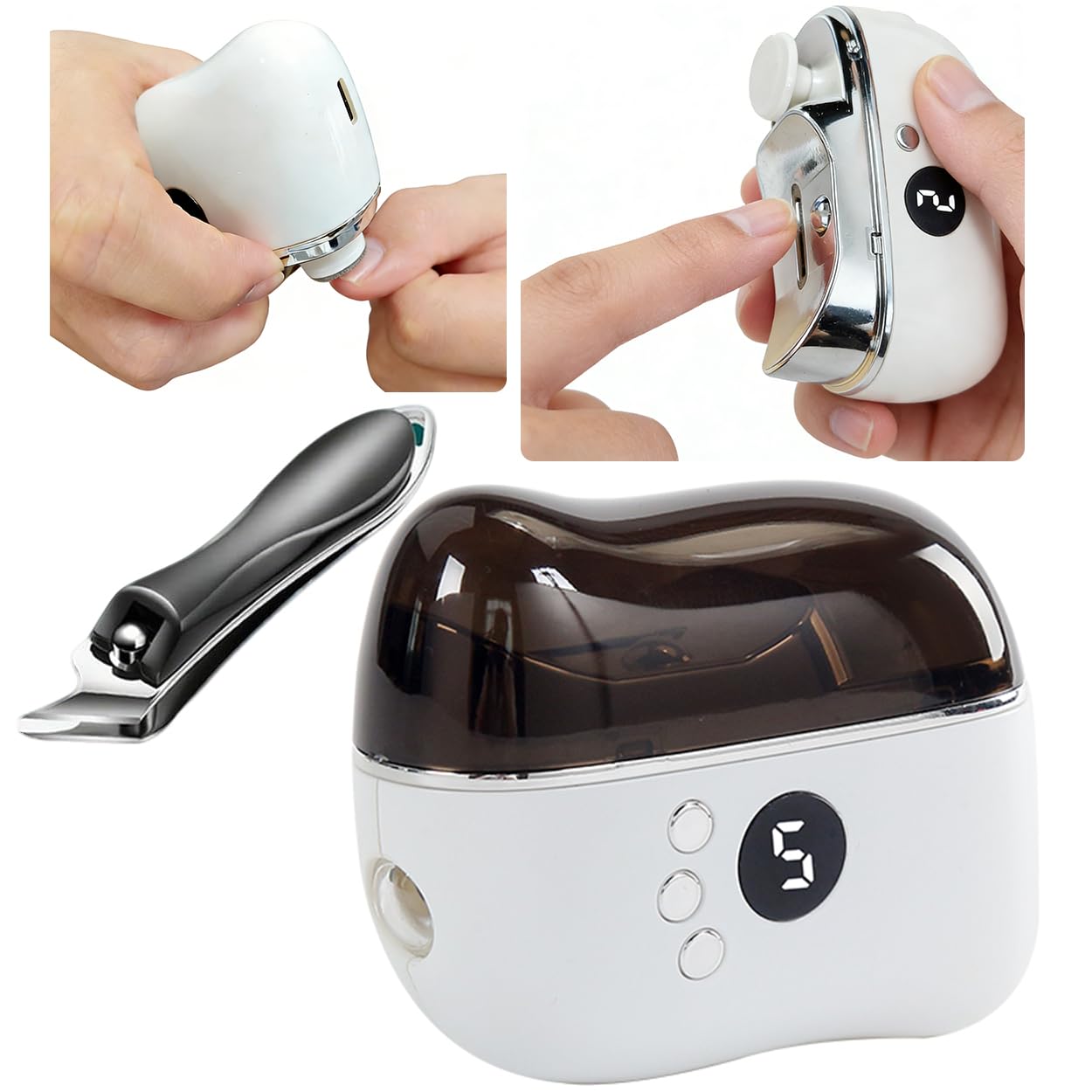 Kit 3 in 1: tagliaunghie elettrico + obliquo, lima LED con punta dura. Silenzioso, vibrazioni ridotte, con raccoglitore. Sicuro per bambini, duraturo, perfetto per manicure, pedicure e famiglia.