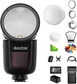 GODOX V1-N Flash para Nikon Flash Speedlite Speedlight com Difusor de Flash Godox ML-CD15, Cabeça Redonda 76Ws 2.4G TTL, Bateria de Lítio de 2600mAh com Filtros de Cor Refletor Difusor