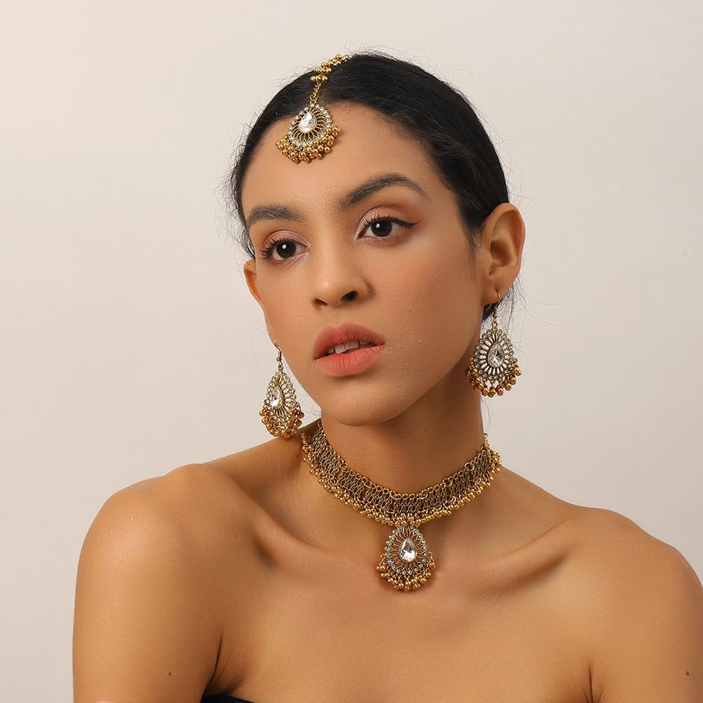 OIDIMS Fashion Choker Necklace Earring Maang Tikka Women's Jewelry Sets Bohemian Jhumka Jhumki Dangle Earrings Pendant Necklaces Crystal Bridal Wedding Mangtika Hair Accessories Jewellery for Ladies - Image 3