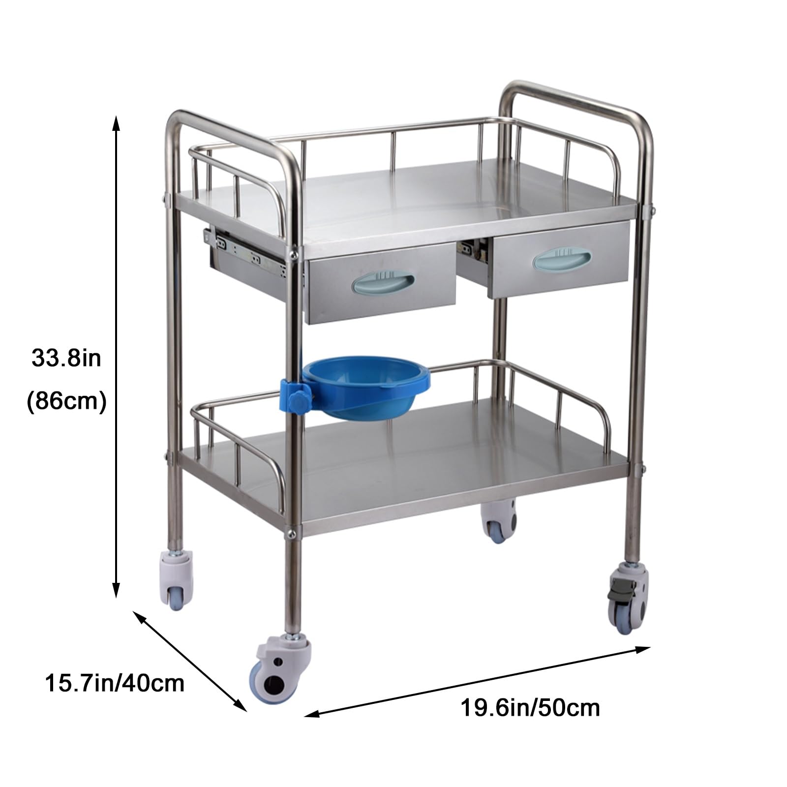 Medical Cart, Stainless Steel Medical Cart with Two Drawers, Lab Utility Cart with 360° Silent Wheels for Lab, Clinic, Kitchen, Salon, Double Layer-50 * 40 * 86CM