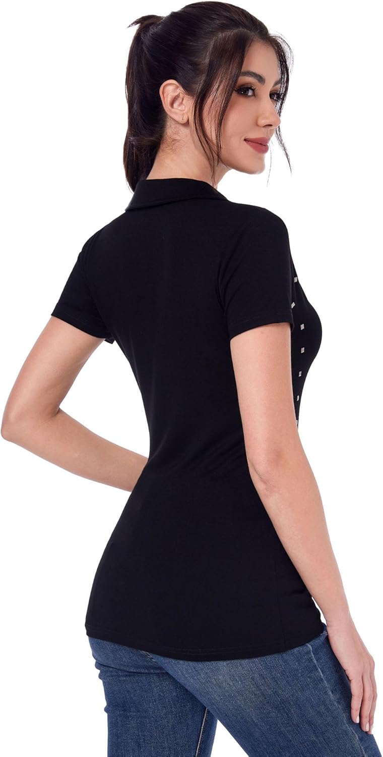 AmélieBoutik Women Collared V Neck Studded Short Sleeve Tops Casual Sport Polo Shirt - Image 4
