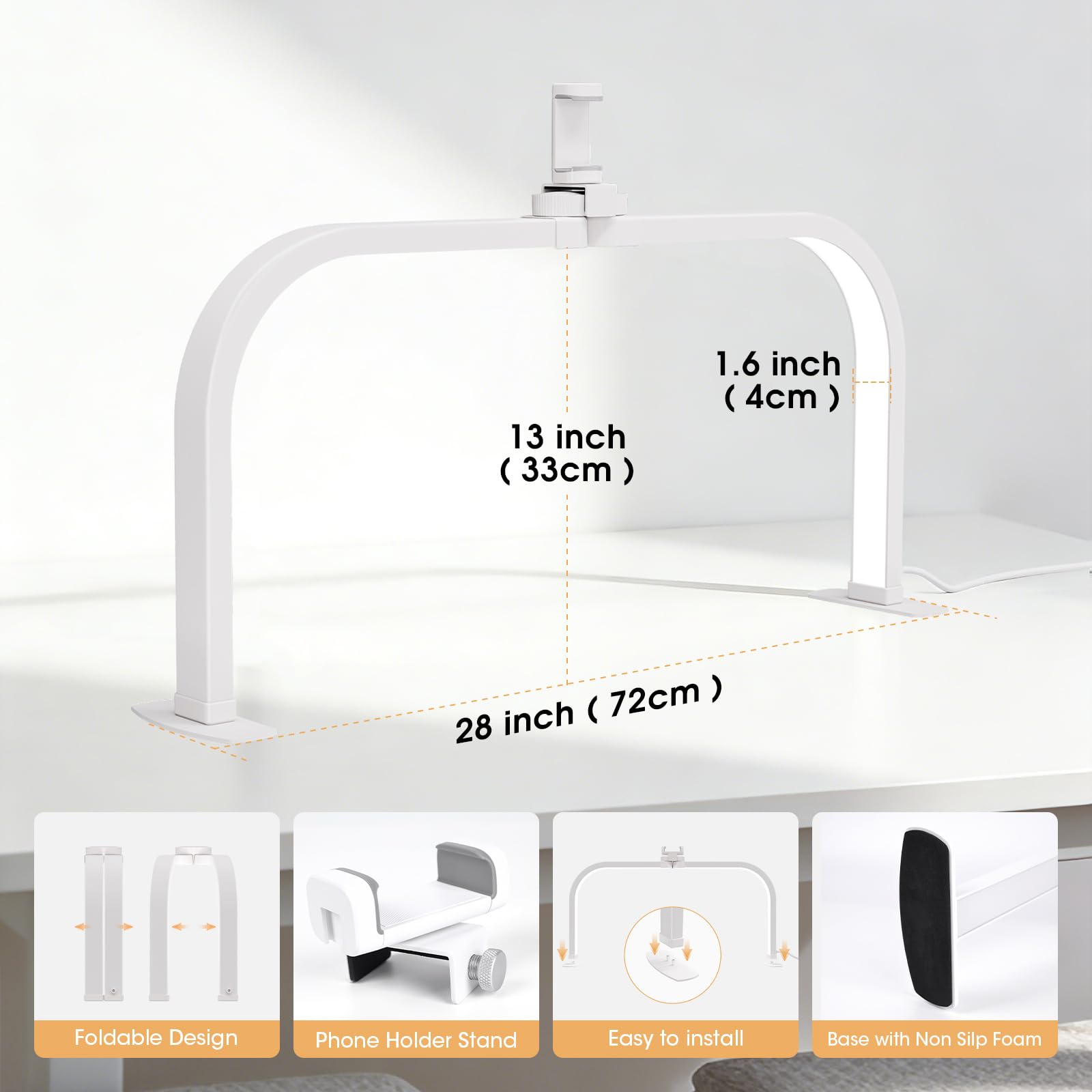 Lampada Mezza Luna Estetica, 72CM 40W Lampada Estetista da Tavolo per Unghie, Lampada Extension Ciglia con Porta Cellulare, Half Moon Light con 3 Modalità 10 Luminosità per Tatuaggi Manicure- Bianco