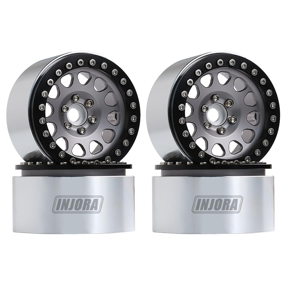 INJORA RC Rim 2.2inch Wheel Rim 4pcs Beadlock Wheel Hub for 1:10 RC Rock Crawler Axial SCX10 RR10 Wraith 90048 90018 TRX4 12mm Hex (Black and Grey)
