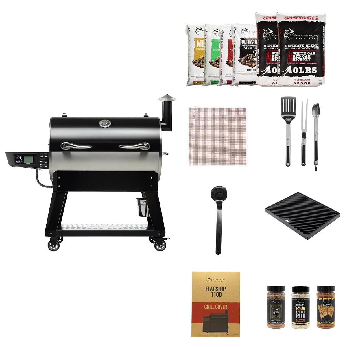recteq Pellet Grill Smoker - Flagship 1100, Wood Pellet Smoker, BBQ Pellet Smokers, Wi-Fi Smart Grill, 1100 Sq. In. Cook Space, Pellet Smoker Grill, 40 lbs Hopper, Grilling Essentials Bundle
