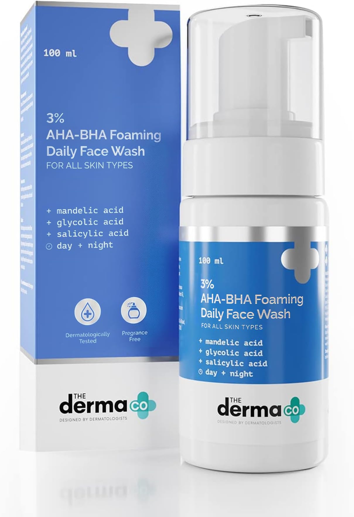 The Derma Co 3% AHA-BHA Foaming Face Wash for All Skin Types | Oil-Free Facial Cleanser |3.38 Fl Oz/100ml