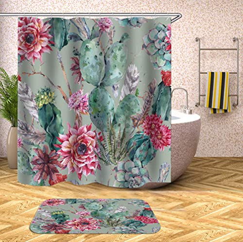Chickw11 Tende da Doccia in Tessuto Antimuffa, Poliestere Impermeabile Tenda da Bagno Doccia con 12 Anelli 3D Stampa Decorativa Tenda della Vasca da Bagno Lavabile (Cactus Verde,90x180cm)