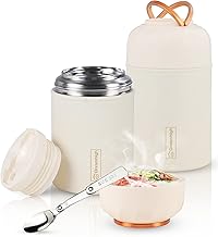 Dreamhigh® Thermobehälter für Essen 550 ml, Edelstahl Thermobecher Essen mit faltbaren Löffel, Warmhaltebehälter Auslaufsicher, 10 Stunden Heiß, 12 Stunden Kalt, Speißen, Suppe, Brei, Joghurt (Weiß)