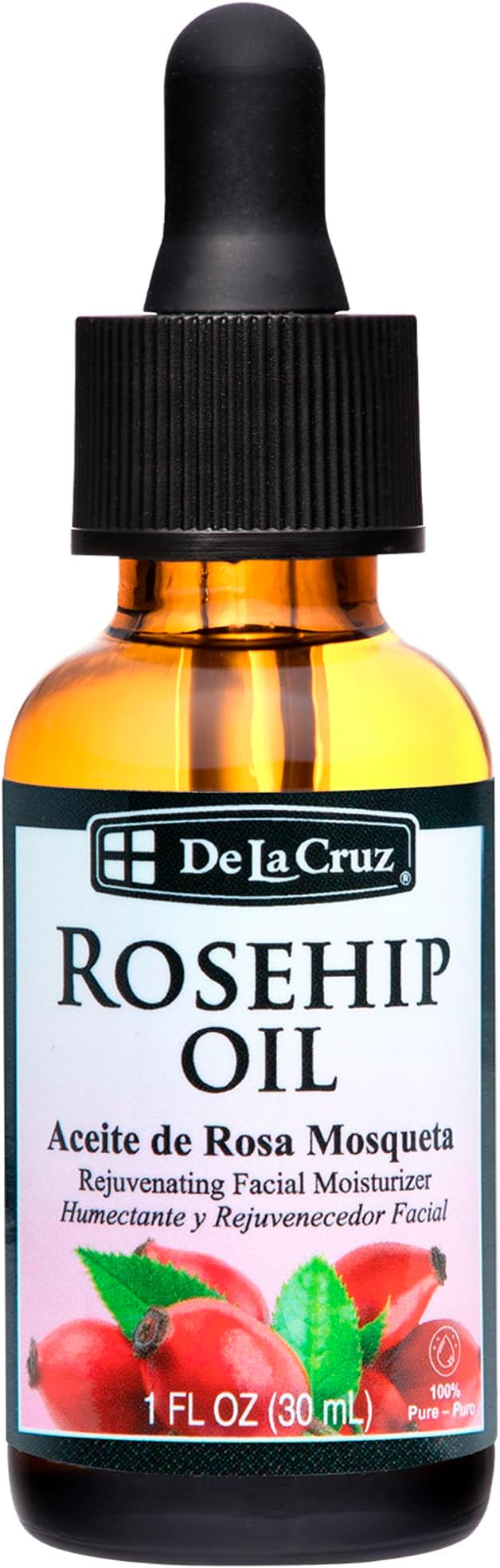 De La Cruz Rosehip Oil, 100% Pure Unrefined Cold-Pressed Chilean Rosehip Seed Oil, Moisturizer To Reduce Fine Lines, Wrinkles 1Fl Oz