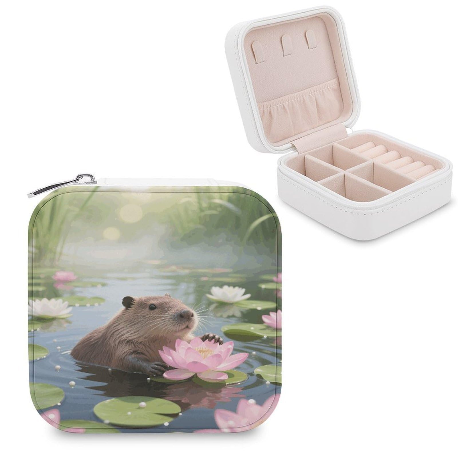 VstaDank Capybara Jewelry Box for Women Jewelry Organizer Storage Case with Zipper Mini Travel Jewelry Case Cute Trinket Organizer Leather Portable Jewelry Storage Box