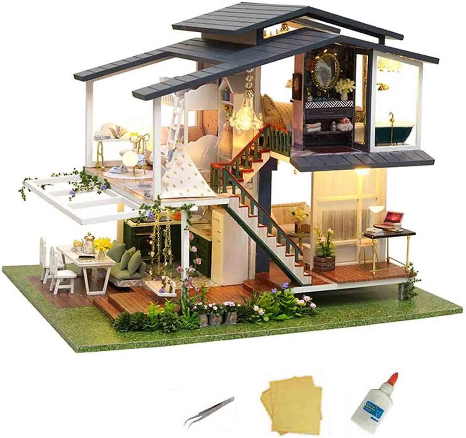 MAGQOO Wooden Dollhouse Miniature with Furniture DIY Dollhouse Kit DIY House Kit Tiny House Kit with Voice Control and Music Movement 1:18 Scale Creative Room Idea(Time Travel)