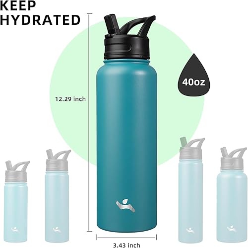 Miniatura 5 de Konokyo Botella de agua aislada con popote, 40 onzas, 3 tapas, botellas de metal, botella de agua de acero inoxidable, color azul claro