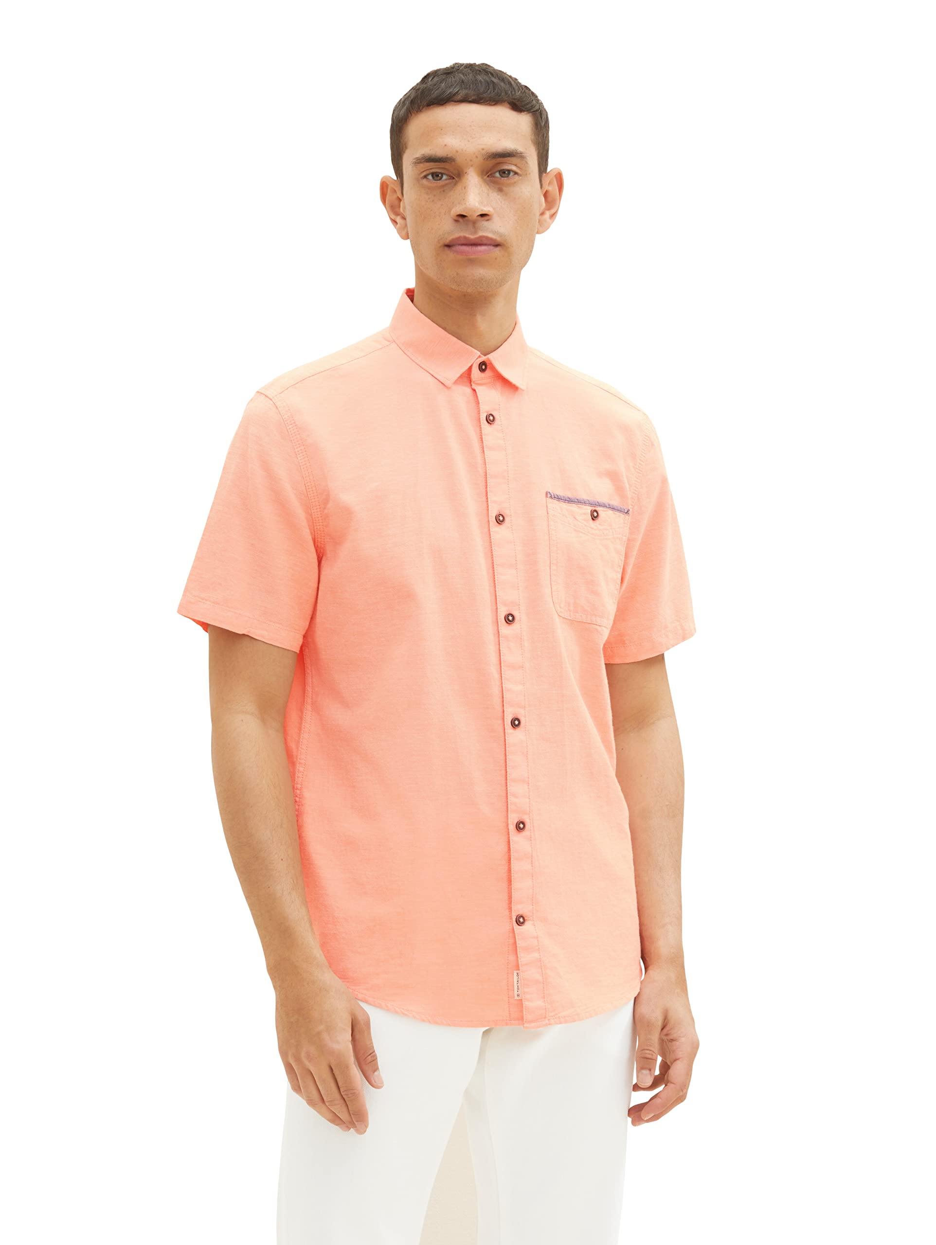 TOM TAILOR Men's Chambray Short Sleeve Shirt with Chest Pocket