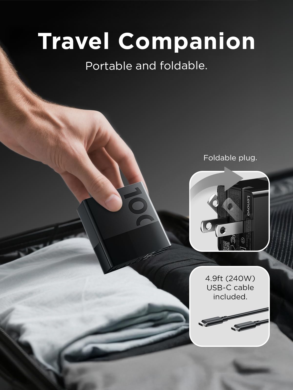 Lenovo Cargador USB C de 100 W, carga rápida multidispositivo de 4 puertos, bloque de alimentación GaN negro con cable de 240 W, para Thinkpad, MacBook, Dell XPS, iPhone, Samsung