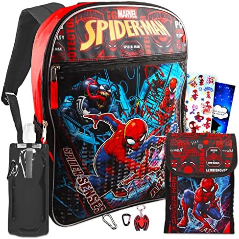 Marvel Studio Spiderman Backpack and Lunch Box Set - 16” Spiderman Backpack for Boys 8-12 Bundle with Spiderman Lunch Box for Boys 8-12, Water Bottle, More