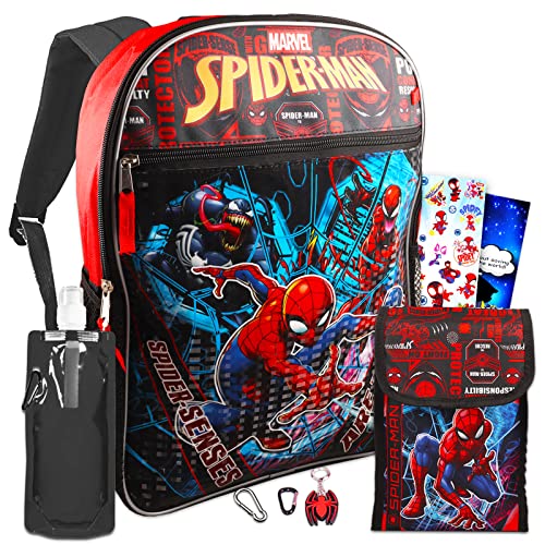 Marvel Studio Spiderman Backpack And Lunch Box Set - 16” Spiderman Backpack For Boys 8-12 Bundle With Spiderman Lunch Box For Boys 8-12, Water Bottle, More #TOP24
