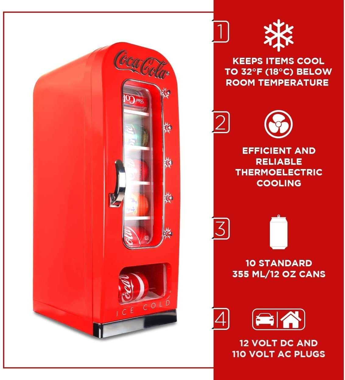 Koolatron CocaCola Retro Vending Machine Style 10 Can Mini Fridge, 12V