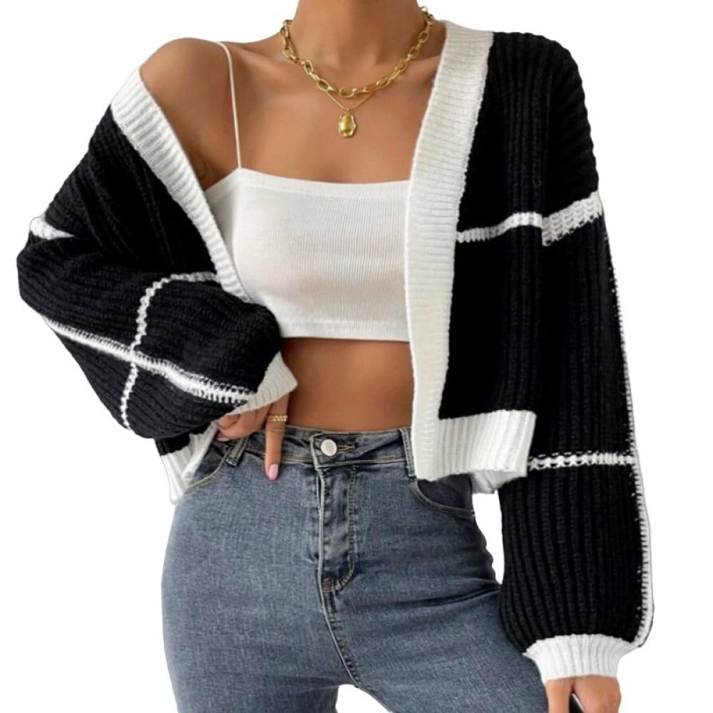 Cárdigan Corto para Mujer Cárdigan de Punto Grueso En Contraste Suéter Corto Abierto para Mujer Abrigo de Punto para Otoño e Invierno Chaqueta de Punto Jerséis Y Tops para Uso Diario.