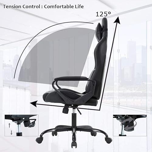 Miniatura 4 de Silla de oficina ergonómica para videojuegos, silla de escritorio de carreras con respaldo alto con soporte lumbar y reposacabezas - Silla de