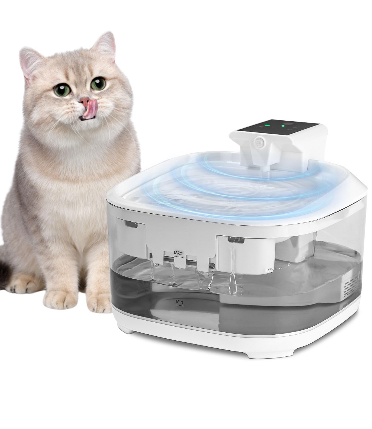 Fuente para Gatos Sin Cable,4.5l Dispensador de Agua para Gatos con Detector de Movimiento (Menosde 3 m, 120 °), 5000mah, Fuselaje Translúcido, 3 Modos de Flujo de Agua, Bomba Silenciosa, 4 Filtros