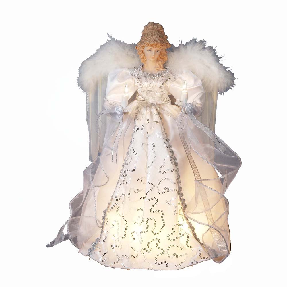 Ángel para árbol de Navidad iluminado con bombillas blanco y plata de 14"