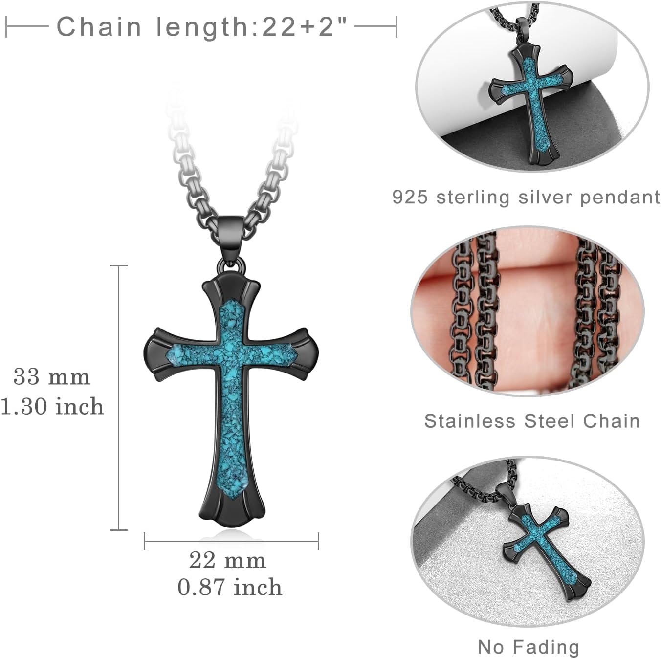 Cross Necklace 925 Sterling Silver Turquoise/Malachite/Abalone Cross Pendant Necklace for Men Jewelry Gifts for Men Women - Image 4